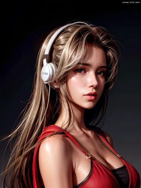 long straight dark brown haired gamer girl leaning into the camera, three-quarter headshot:1.2, lean body, fit body, photo from front above, dark red hoodie:1.2, straight hair, large leather gamer headphones:1.2, skintight black top:1.2, looking at viewer,...