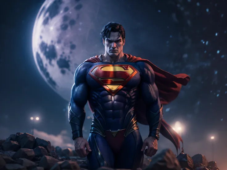 close a powerful threat, superman's imposing appearance, menacing stare, ricamente detalhado, hiper realista, 3d-rendering, obra...