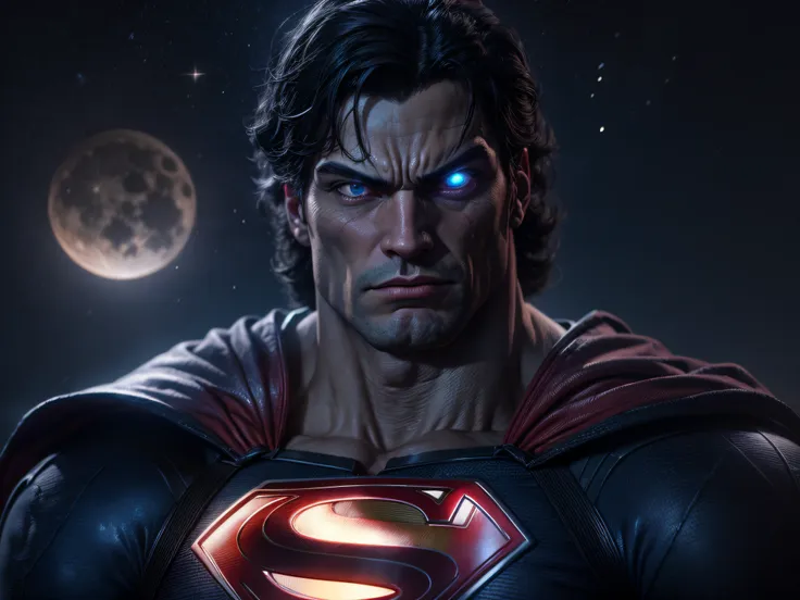 close a powerful threat, superman's imposing appearance, menacing stare, ricamente detalhado, hiper realista, 3d-rendering, obra...