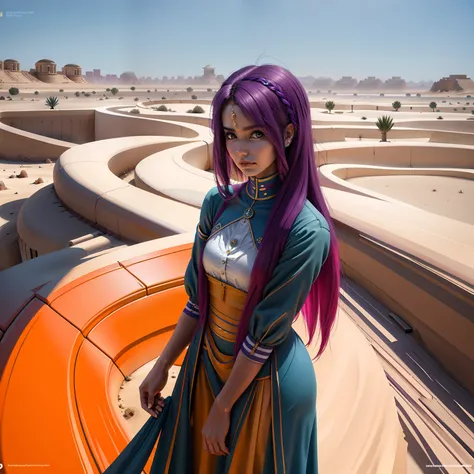 chica de cuerpo entero vestida de oficina su cabello es de color violeta camina pensatica por un palacio del desierto