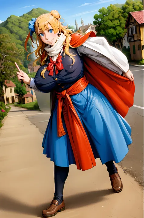 masterpiece, best quality,,gigantic breasts,smile,galko huge breast, mature, long skirt, modes, traditional french cloths, priestess, , walking, medieval village, flowers, fantasy village, staff holding, nun, vest, fur coat,scarf, cape, forest