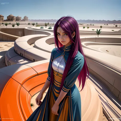 chica de cuerpo entero vestida de oficina su cabello es de color violeta camina pensatica por un palacio del desierto