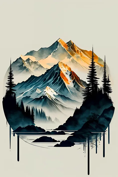 white background, scenery, ink, mountains, water, trees ,