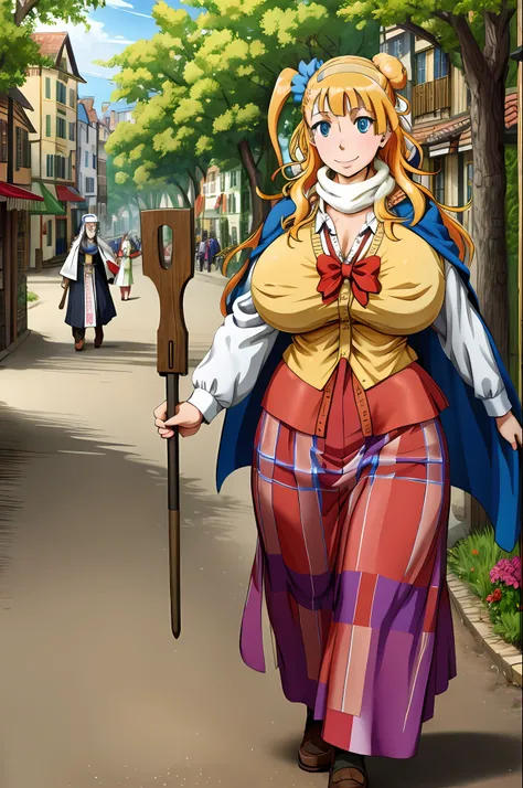 masterpiece, best quality,,gigantic breasts,smile,galko huge breast, mature, long skirt, modes, traditional french cloths, priestess, , walking, medieval village, flowers, fantasy village, staff holding, nun, vest, fur coat,scarf, cape, forest