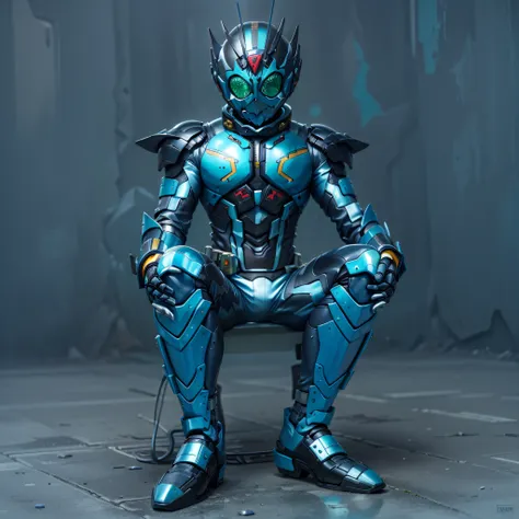 blue kamen rider, armadura prateada, roupa cinzenta e preta, blue techsuit, agente secreto, roboto