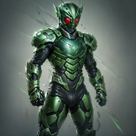 green kamen rider, armadura prateada, roupa cinzenta e preta, green techsuit, agente secreto, roboto