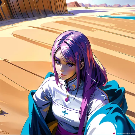 chica de cuerpo entero vestida de oficina su cabello es de color violeta camina pensatica por un palacio del desierto