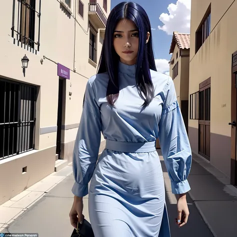 chica de cuerpo entero vestida de oficina su cabello es de color violeta camina pensatica por un palacio del desierto