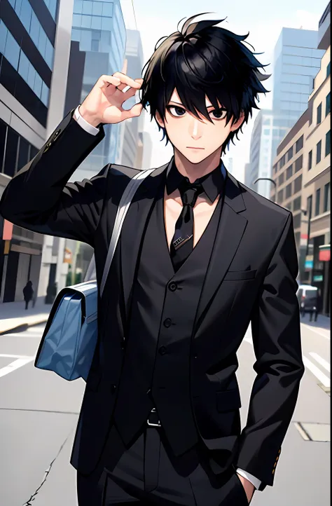 (masterpiece,best quality, detailed), 1boy, male focus, looking at viewer, upper body, outdoors, street,
l lawliet, formal, blac...