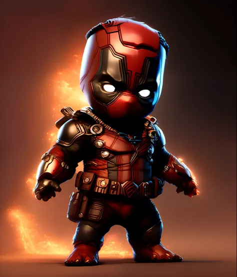 Cinematic photo of Deadpool cute and realistic, surrounded by fire, sans couture, Epic, cinematic, intricate high detail, award winning, Excellent lighting, ombrage, highly quality, detailded