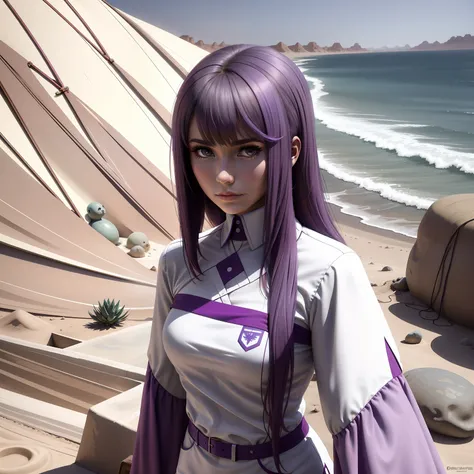chica de cuerpo entero vestida de violeta y negr0, su cabello es de color violeta camina pensativa por un palacio del desierto