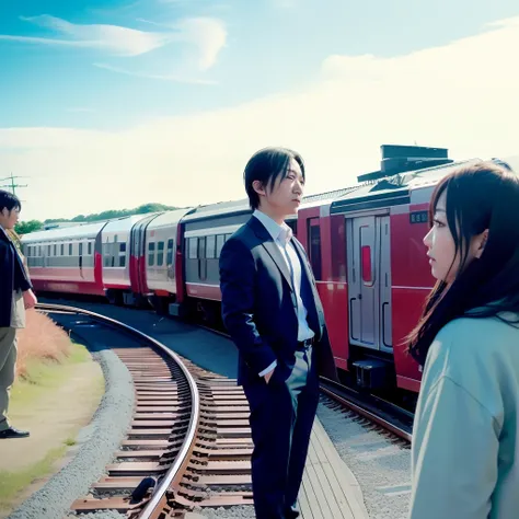 There were two people standing on the train tracks watching the train, japanese live action movie, still from live action movie, live-action movie scenes, redline anime movie style, live-action adaptation, morningglow, Taoist, The train is far, komono, pro...