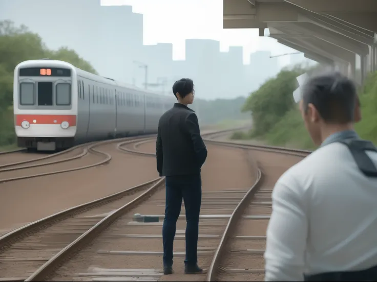 Two people standing side by side on the train tracks, still from live action movie, japanese live action movie, live-action movie scenes, redline anime movie style, The train is far away, Still from the movie, production still, morningglow, cinematic Film ...