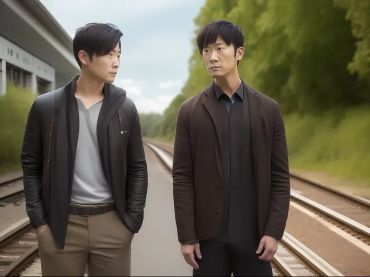 two people standing side by side on the train tracks, still from live action movie, japanese live action movie, live-action movi...