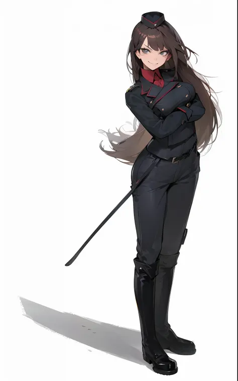 adult, female, standing, black boots, uniform, confident, smug, smirk, gloves,belt, dominatrix, riding crop