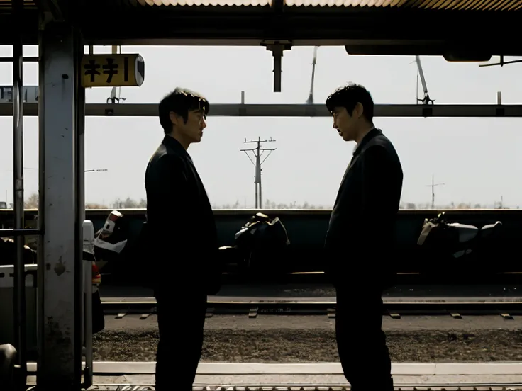 Two men in suits stand side by side at the train station, still from live action movie, extreme drama, live-action movie scenes, high drama, opening scene, dramatic scene, cinematic Film still from, highlight scene of the movie, Taoist, Still from the movi...