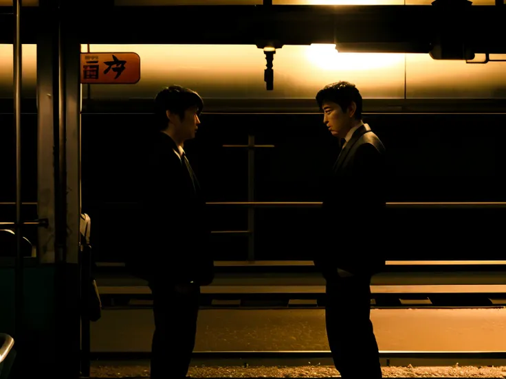 Two men in suits stand side by side at the train station, still from live action movie, extreme drama, live-action movie scenes, high drama, opening scene, dramatic scene, cinematic Film still from, highlight scene of the movie, Taoist, Still from the movi...