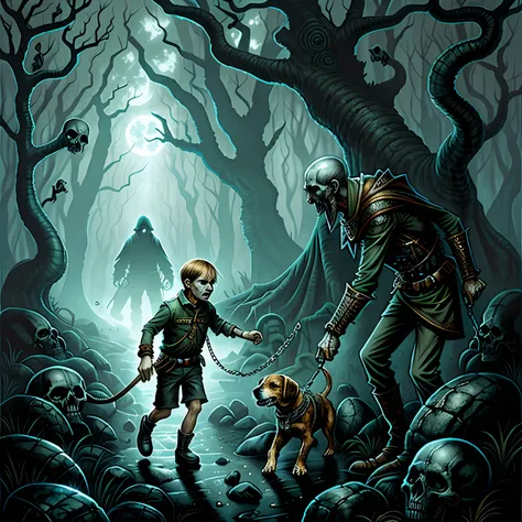 a man with a beagle on a leash crossing a forest haunted by skulls and spirits. horror art, surrealism , hyperdetailed, color dr...