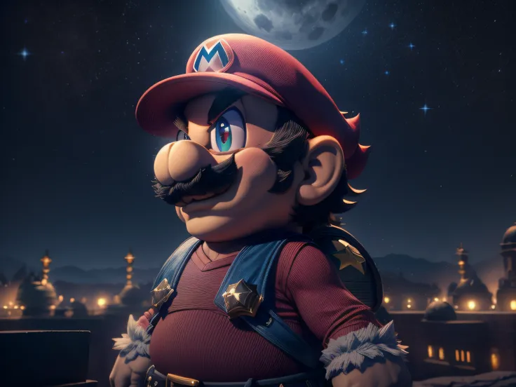 the imposing appearance of super mario bros., menacing stare, ricamente detalhado, hiper realista, 3d-rendering, obra-prima, nvi...