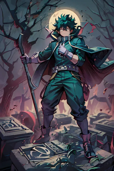 "(my hero academia) izuku midoriya, with a menacing appearance, stands confidently on a hill of gravestones, donned in a dark ro...