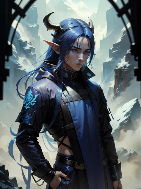 blue long hair, male, china dragon horns on head, blue techwear, standing, blue hair elf