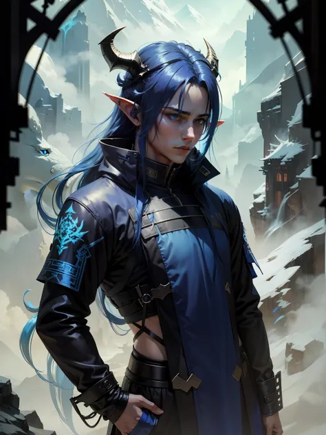 blue long hair, male, china dragon horns on head, blue techwear, standing, blue hair elf