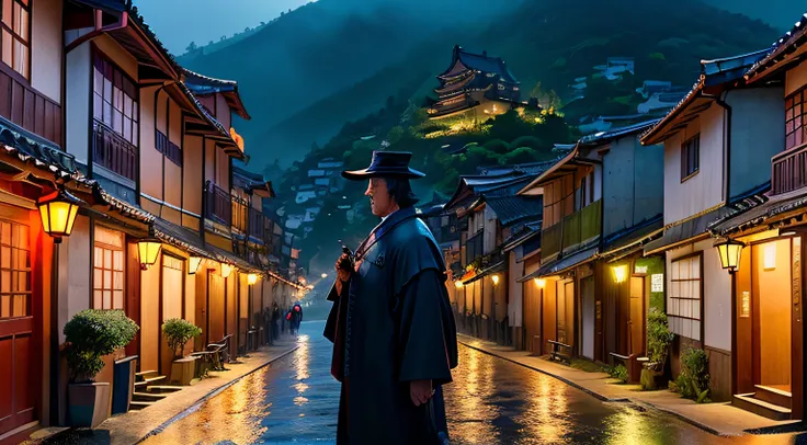 homem jovem caminhando em primeiro plano, vista of a village with many lights in the buildings, cidade dos sonhos, vila chinesa,...