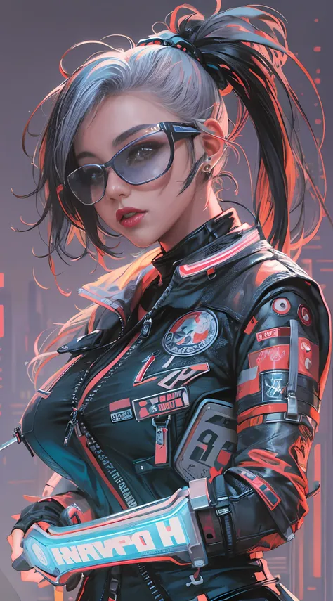 masterpiece, best quality, 1 cyberpunk girl, full body shot, standing in front of motorcycle, looking at viewer, confident cyber...