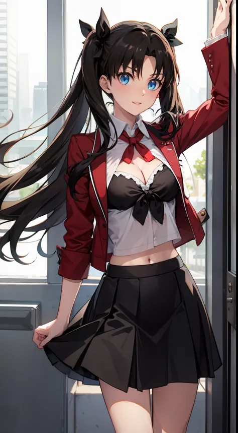 long hair, black hair, medium breast, slim legs, happy, cleavage, skirt, rin tohsaka, twin tail, navel, blue eyes, sunlight, school uniform
