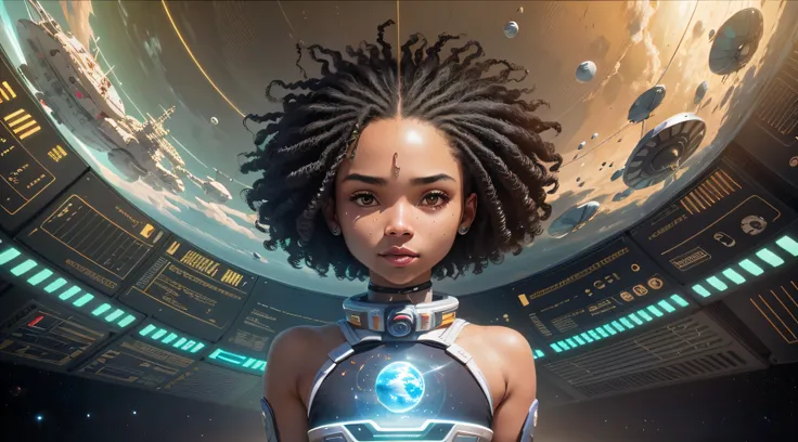 panoramic, a black-skinned girl with curly hair in the foreground floats inside a large gravitational capsule, dynamic angle, (p...