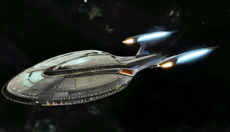 nave espacial voando no escuro com um foguete saindo dela, USS Empresa, Empresa Starship, A Starship Enterprise, STTNG, O Orville, Starship no fundo, No estilo Star Trek 8K, Tng, de Star Trek 2021, Deep space 9, deep space nine, de Star Trek, Viajante Star...