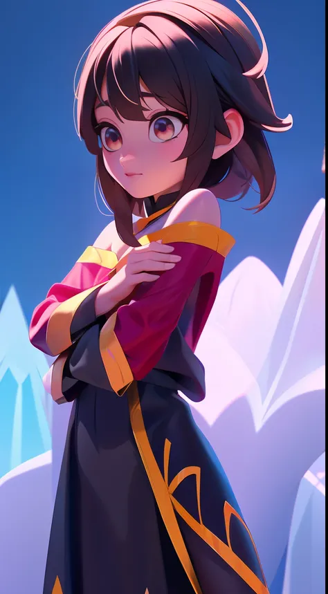 elsa-megumin fusion, mesclando modelos, melting, ((usando roupas da megumin + usando chapeu da megumin + segurando o cajado)), (...