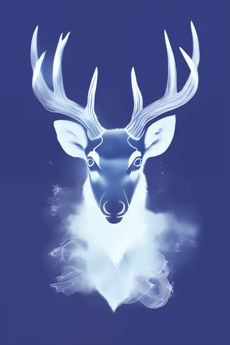 create a t-shirt print of a blue crimson smoke deer|fundo roxo, olhando para lente