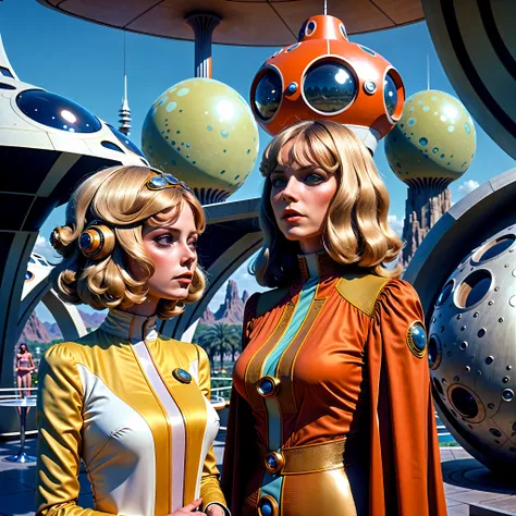 4k image from a 1970s science fiction film, imagem real, estilo stanley kubrick, pastels colors, people wearing retro-futuristic...