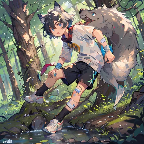 1boy,an extremely delicate and beautiful boy，a magical forest，by the creek，catch fish，the fish，8k wallpaper，tmasterpiece，电影灯光，be...