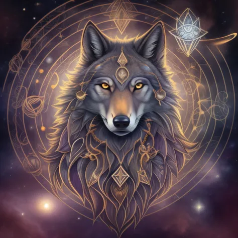 8k, local: lactic way system (representing the cosmic connection of the wolf) tema: philosophical wolf with galactic style and e...