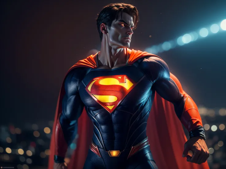Close a powerful threat, The imposing appearance of the powerful Superman dressed in orange uniform, menacing stare, ricamente detalhado, Hiper realista, 3D-rendering, obra-prima, NVIDIA, RTX, ray-traced, Bokeh, Night sky with a huge and beautiful full moo...