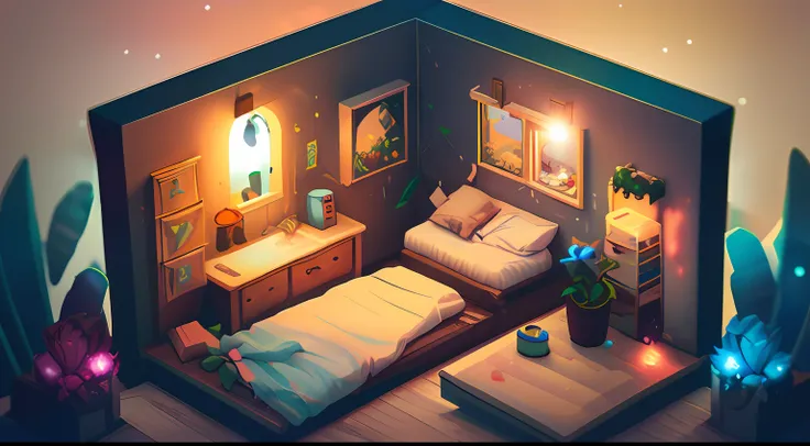 a room with a bed and a desk in it, a low poly render, inspired by cyril rolando, pixel art, beautiful isometric garden, underwa...