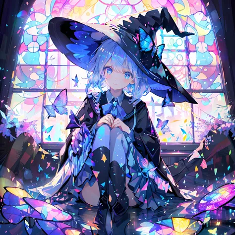 schoolgirls，the witch，witch hat，blue color eyes，butterflys，blossoms，short  skirt，magia，particle fx，the light from the back windo...