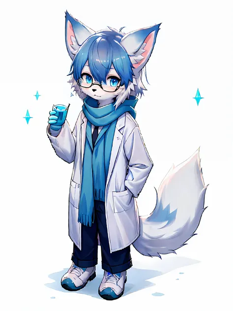 anime character with arctic fox ears wearing lab coat and blue scarf,arctic fox with fluffy blue fur and tail,wear half-rimmed g...