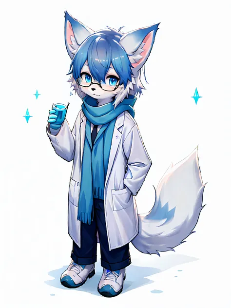 anime character with arctic fox ears wearing lab coat and blue scarf,arctic fox with fluffy blue fur and tail,wear half-rimmed g...