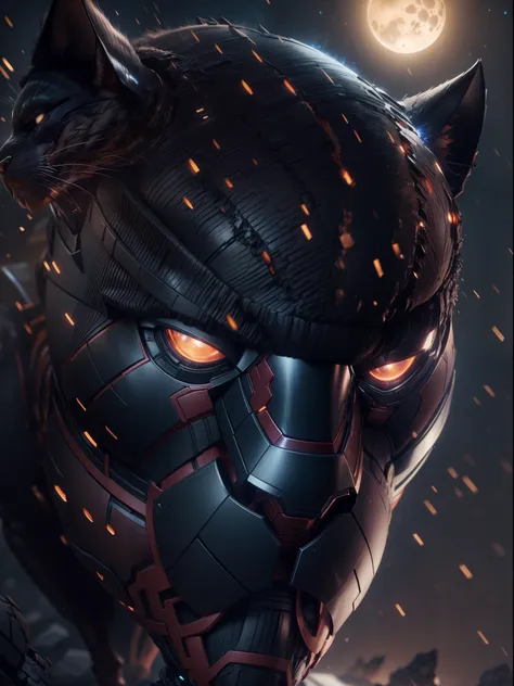 close a powerful threat, the imposing appearance of an black panther and iron man fusion, menacing stare, ricamente detalhado, h...