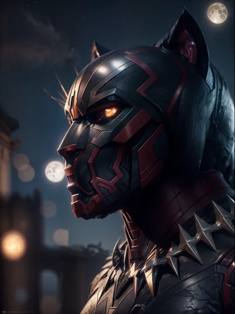 close a powerful threat, the imposing appearance of an black panther and iron man fusion, menacing stare, ricamente detalhado, h...