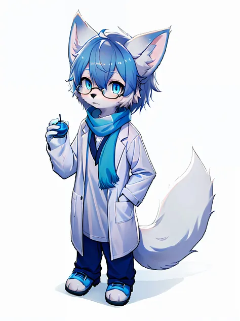 anime character with arctic fox ears wearing lab coat and blue scarf,arctic fox with fluffy blue fur and tail,wear half-rimmed g...