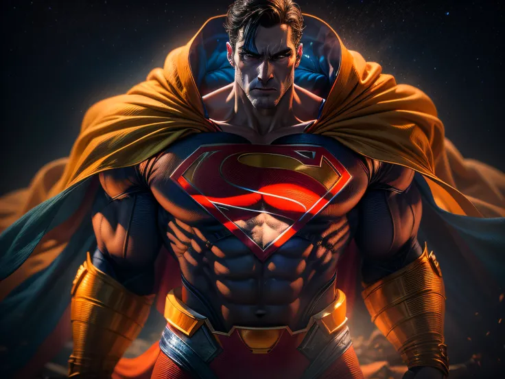 Close a powerful threat, The imposing appearance of the mighty Superman dressed in orange uniform, menacing stare, ricamente detalhado, Hiper realista, 3D-rendering, obra-prima, NVIDIA, RTX, ray-traced, Bokeh, Night sky with a huge and beautiful full moon,...