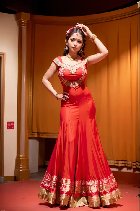 a woman is posing for a photo,(wearing indian_dance_dress:1.3), red dress,
good hand,4k, high-res, masterpiece, best quality, head:1.3,((Hasselblad photography)), finely detailed skin, sharp focus, (cinematic lighting), collarbone, night, soft lighting, d...