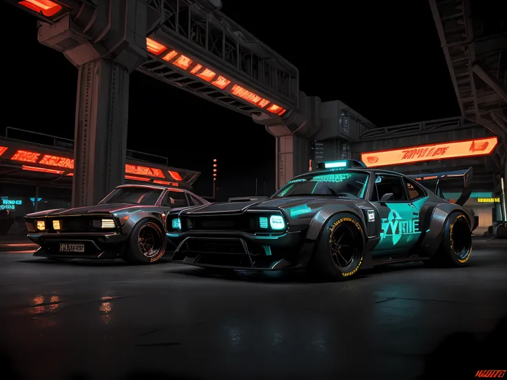 cyberpunk (((retro zeekars))) (with glowing rims), wide tires, at the parking lot, at night city,