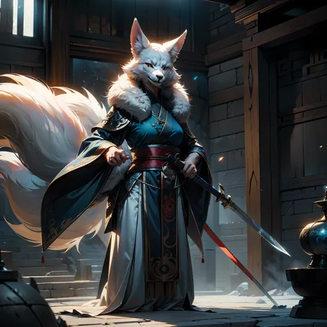 Gorgeous and elegant nine - tailed fox, blue sky, in Wudangs sword tomb, Wanjian converging, nine fox tails are flowing and smart, real scales, furry real fur, complex details, ice magic,Chinese mythology, background, intensity, illusion engine, hd, 3d ste...