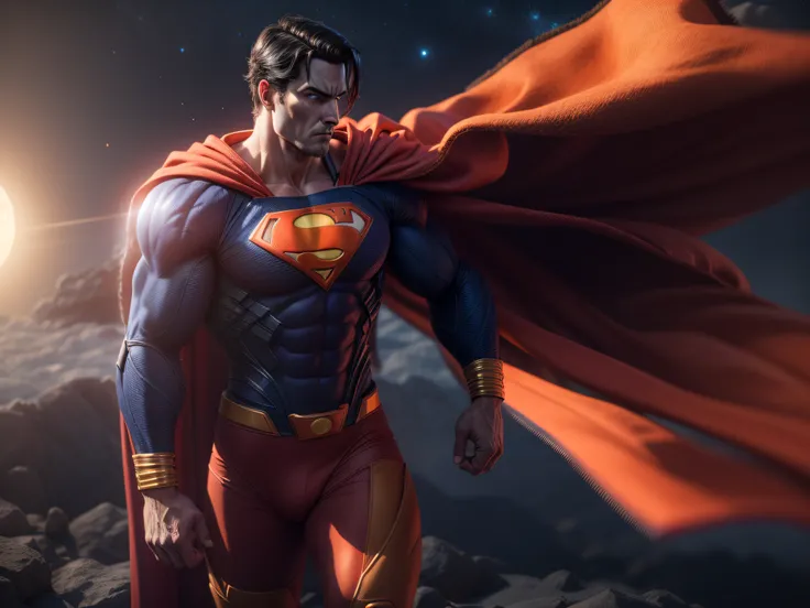 close a powerful threat, the imposing appearance of the mighty superman dressed in orange uniform, menacing stare, ricamente det...