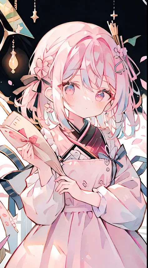 One girl、A pink-haired、long、masterpiece、top-quality、Top image quality、cute little、Pink dress、bow ribbon、Ribbon Dresses、Ribbon on the head、cute background、Ribbon background、Pink eyes